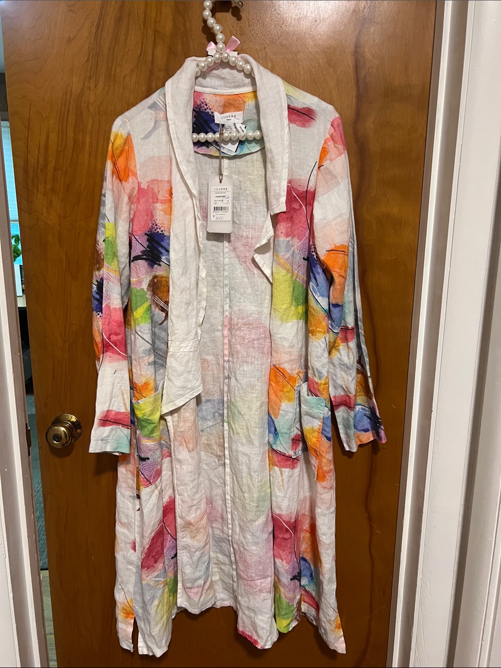 Nwt Luukaa “Maya” Long Linen Multicolor Abstact Art Print Duster Jacket